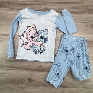 Disney Stitch and Angel Blue Cotton Long Sleeve Pajama Set Girls Size 8
